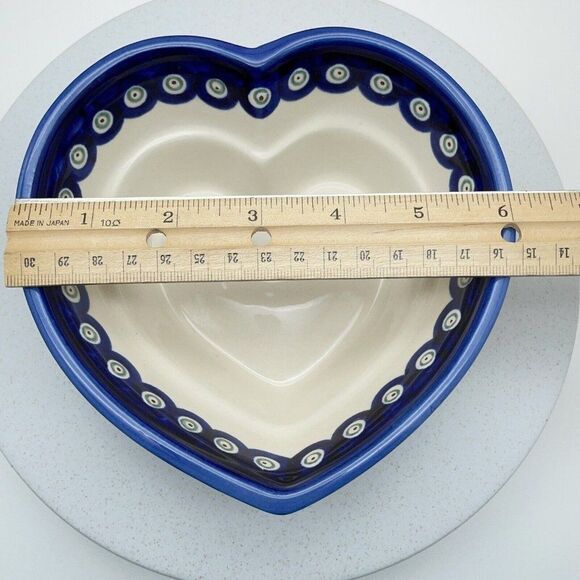 Boleslawiec Pottery Heart Shaped Bowl 6" Peacock Eye Flowers Dish Made in Poland - Picture 14 of 15